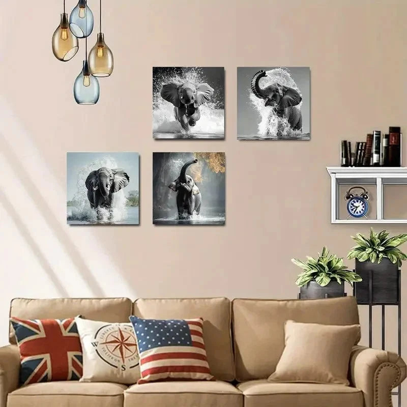 4pcs Realistic Elephant Pose Wall Art Canvas Framed