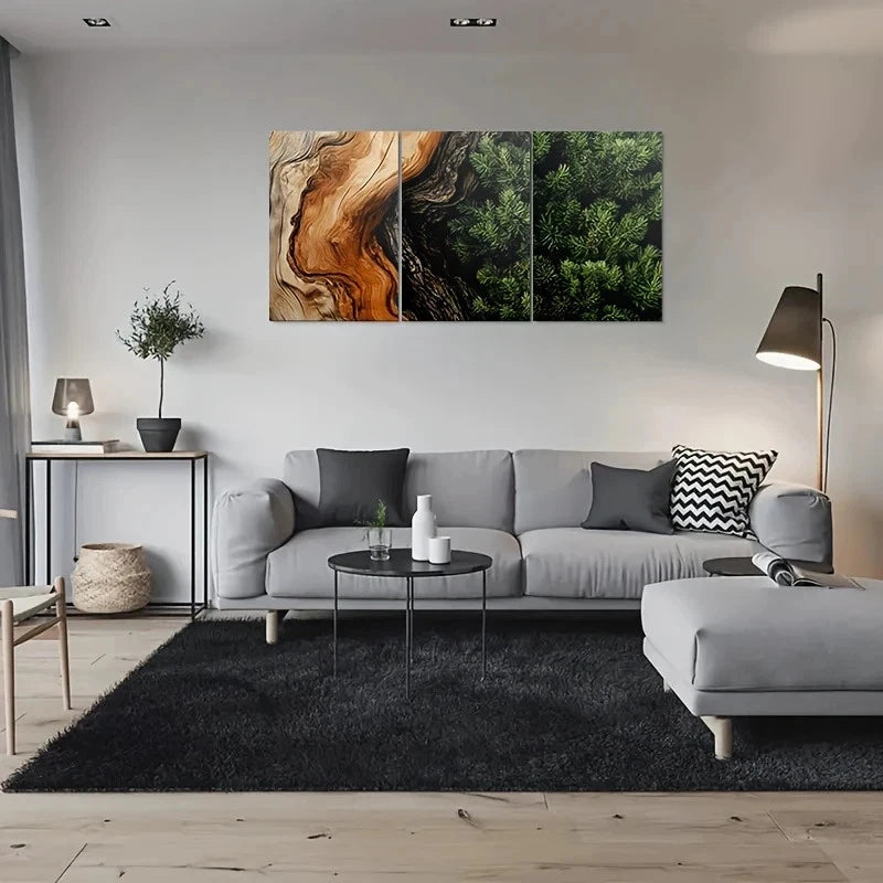 3pcs Abstract Bark and Lush Greenery Metal Print Ready to Hang Art