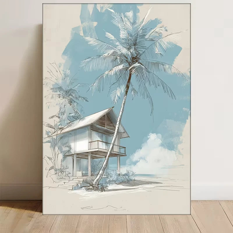 Blue & Teal Ocean Sketch - Palm Tree Cottage 60x90cm Metal Print Ready to Hang