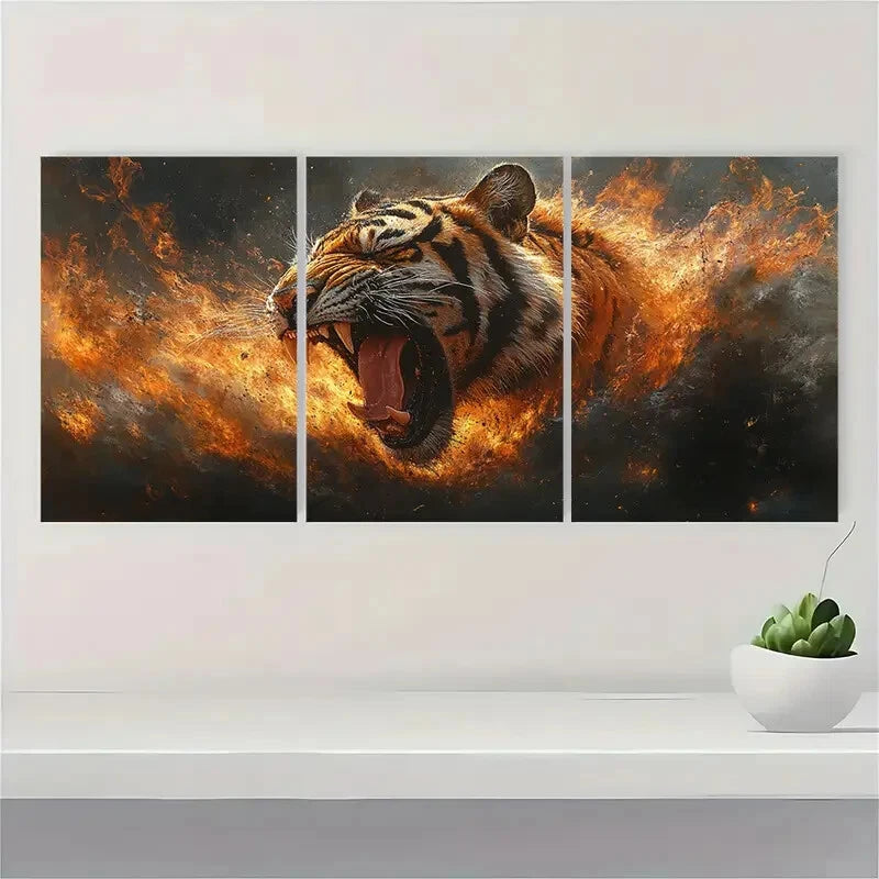 3pcs Vibrant Roaring Tiger Dynamic Animal Metal Print Ready to Hang Art