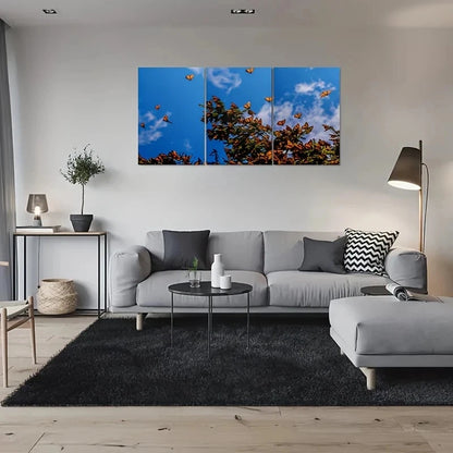 3pcs Vibrant Blue Sky & Orange Butterflies Metal Print Ready to Hang Art