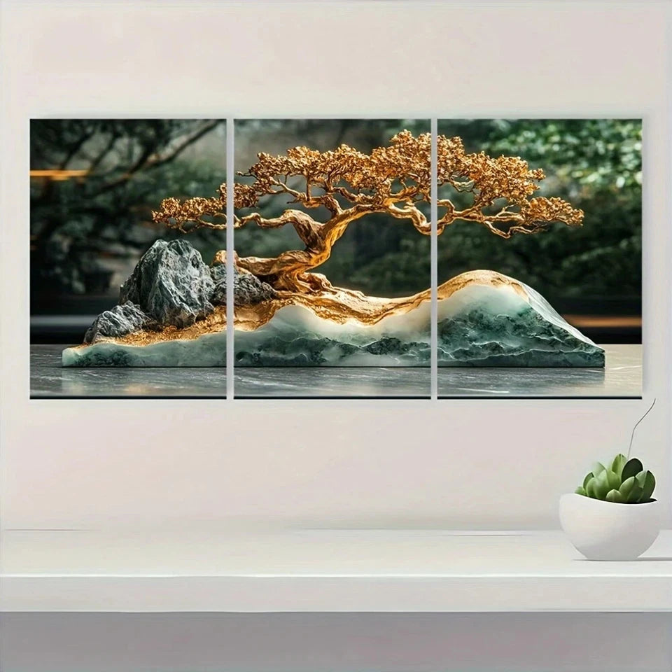 3pcs Golden Bonsai Tree Modern Abstract Metal Print Ready to Hang Art