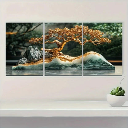 3pcs Golden Bonsai Tree Modern Abstract Metal Print Ready to Hang Art