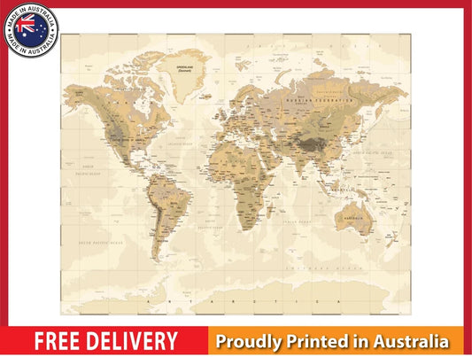 Vintage Physical World Map with details 91x61cm poster AU