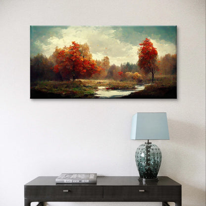 Autumn Landscape River and Red Trees Wall Art Canvas Office Home Framed 120x60cm