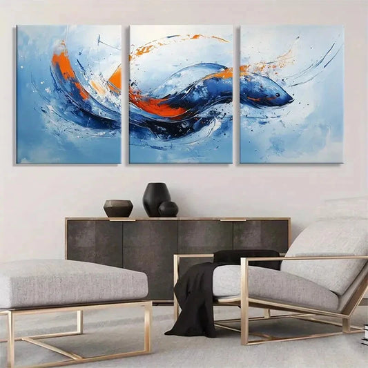 3pcs Blue and Orange Swirling Patterns Perfect Wall Art Set Canvas Framed 40x60cm - High Quality Print 100% Australian Made Wall Canvas Ready to Hang