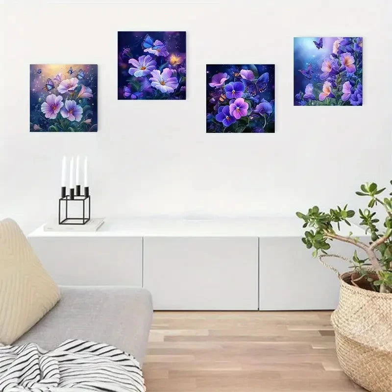 4pcs Purple,Blue, & Yellow Flowers,Sparkling But Wall Art Canvas Framed
