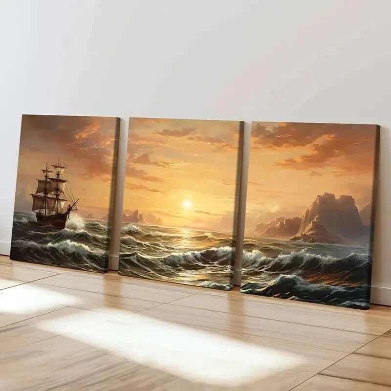 3pcs Nautical Art with Sailing and Pirate Ship  Wall Art Set Canvas Framed 40x60cm - High Quality Print 100% Australian Made Wall Canvas Ready to Hang