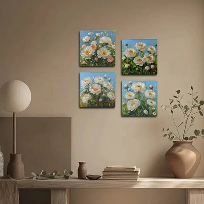 4pcs White Flower Bouquet Wall Art Canvas Framed
