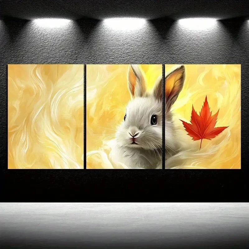 3pcs Maple Red Leaf And Rabbit Wall Art Set Canvas Framed 60x90cm - High Quality Print 100% Australian Made Wall Canvas Ready to Hang