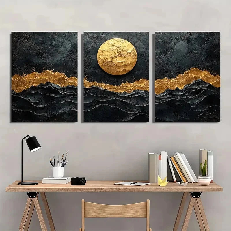 3pcs Abstract Texture Black & Golden Wave Metal Print Ready to Hang Art