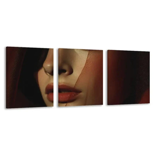 3pcs Woman Portrait with Dark Hair & Red Lips  Wall Art Set Canvas Framed 60x90cm - High Quality Print 100% Australian Made Wall Canvas Ready to Hang