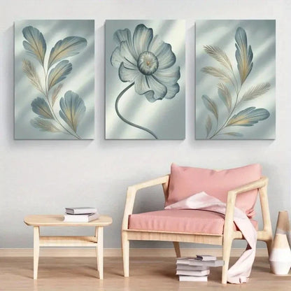 3pcs Artwork Feather Flower Painting Metal Print Ready to Hang Art