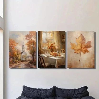 3pcs Autumn Leaves Town Landscape & Dinner Wall Art Set Canvas Framed 40x60cm - High Quality Print 100% Australian Made Wall Canvas Ready to Hang