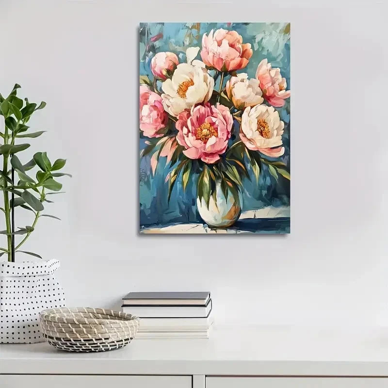 Vibrant Pink & White Peonies with Green Stems Painting  40x60cm Metal Print Ready to Hang