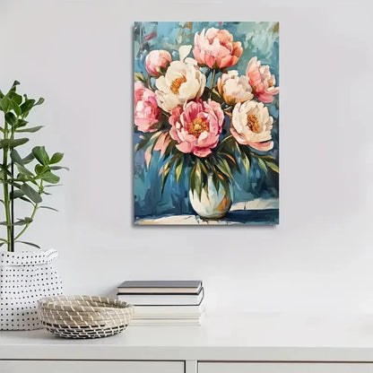 Vibrant Pink & White Peonies with Green Stems Painting  40x60cm Metal Print Ready to Hang