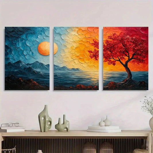 3pcs Vibrant Abstract Mountain and Tree Scenery Metal Print Ready to Hang Art