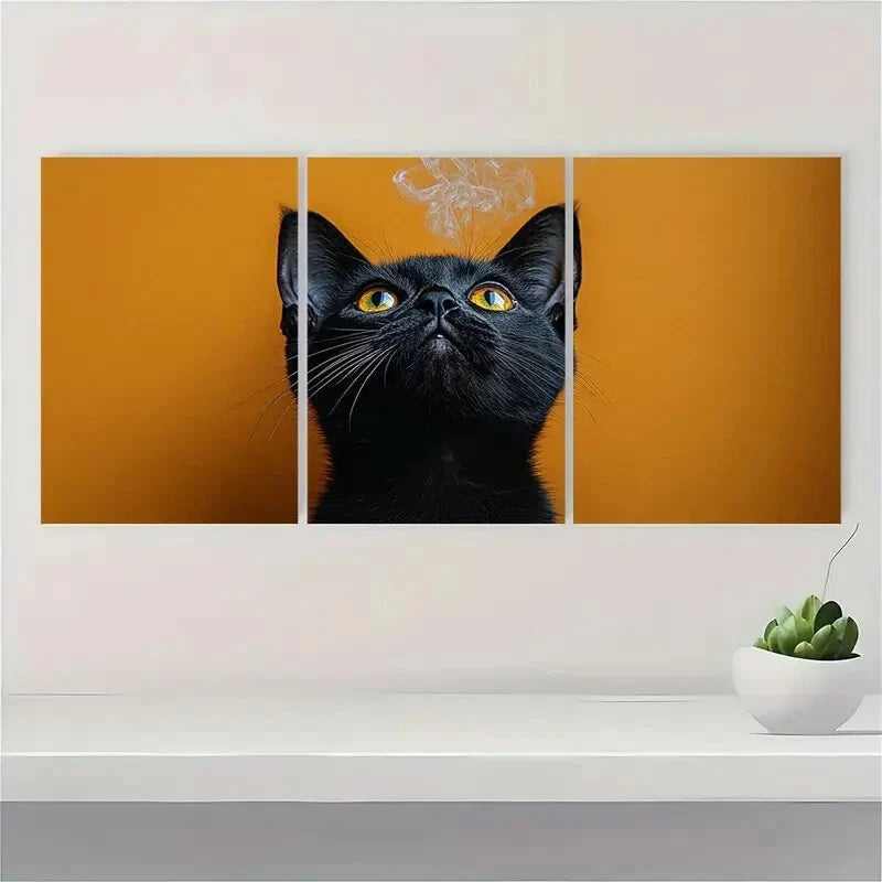 3pcs Quirky Black Cat Smoking Bold Orange Metal Print Ready to Hang Art
