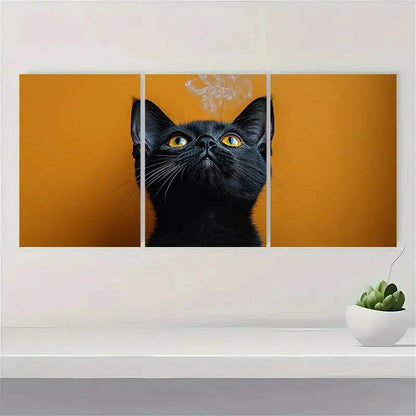 3pcs Quirky Black Cat Smoking Bold Orange Metal Print Ready to Hang Art