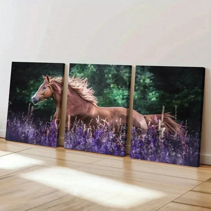 3pcs Horse in Lavender Bush Modern Wall Art Set Canvas Framed 40x60cm - High Quality Print 100% Australian Made Wall Canvas Ready to Hang