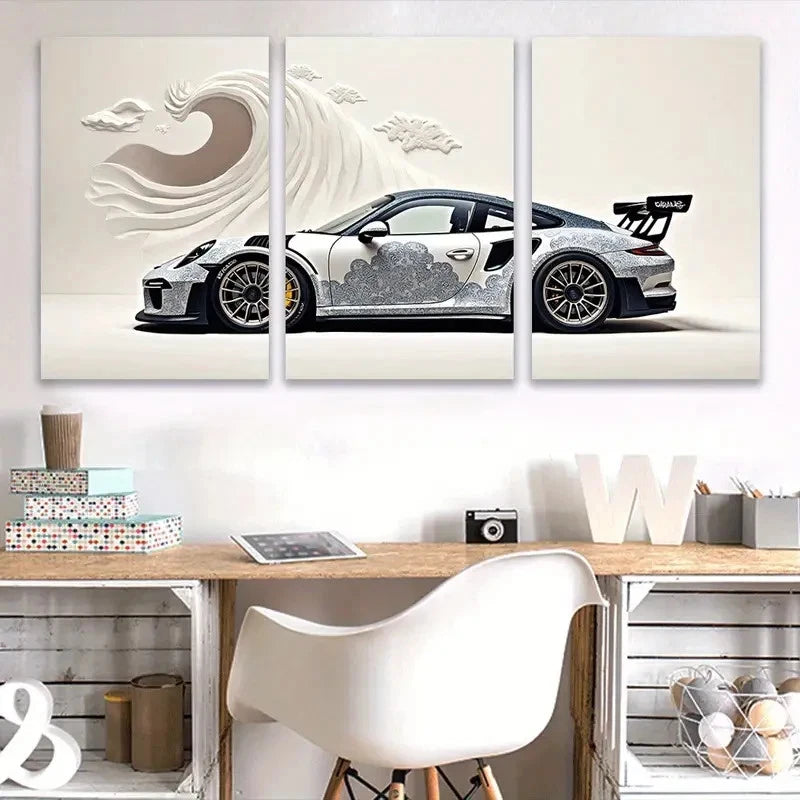 3pcs White Sports Car Wall Art Set Canvas Framed 40x60cm - High Quality Print 100% Australian Made Wall Canvas Ready to Hang