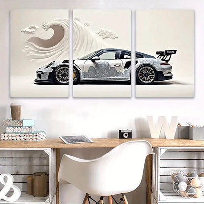 3pcs White Sports Car Wall Art Set Canvas Framed 40x60cm - High Quality Print 100% Australian Made Wall Canvas Ready to Hang