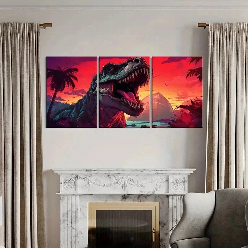 3pcs Vibrant T-Rex & Prehistoric Jungle Scene Wall Art Set Canvas Framed 40x60cm - High Quality Print 100% Australian Made Wall Canvas Ready to Hang