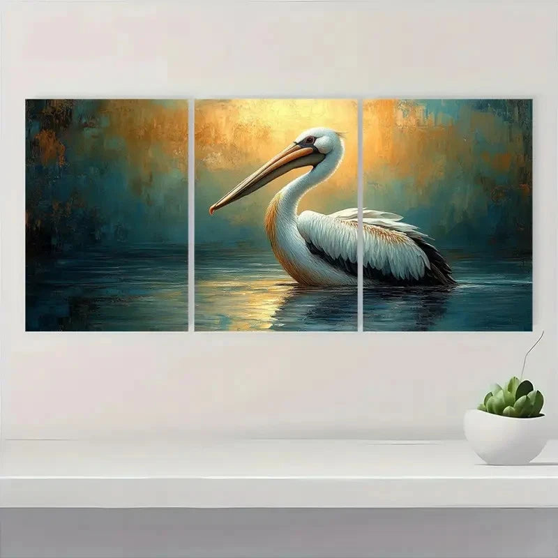 3pcs Pelican Oil Painting Vintage Bird Themed Wall Art Set Canvas Framed 40x60cm - High Quality Print 100% Australian Made Wall Canvas Ready to Hang