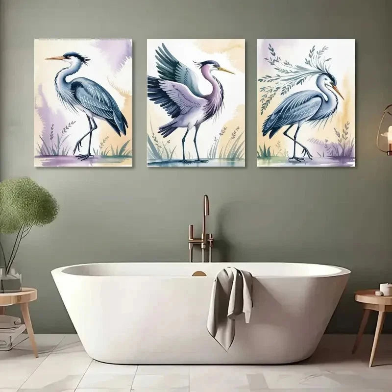3pcs Heron Animal Purple & Blue Hues Metal Print Ready to Hang Art
