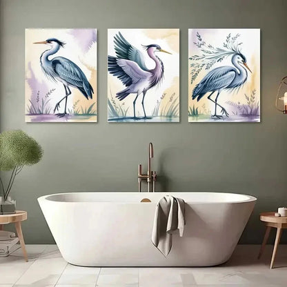 3pcs Heron Animal Purple & Blue Hues Metal Print Ready to Hang Art