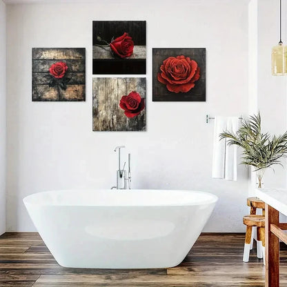 4pcs Red Rose Floral Pattern  Wall Art Canvas Framed