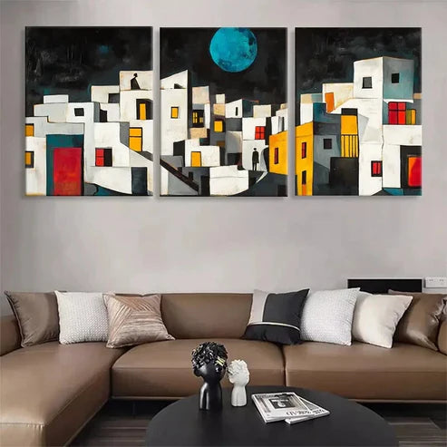 3pcs Abstract Geometric Cityscape Color Art Set Canvas Unframed - High Quality Print 100% Australian Made Wall Canvas