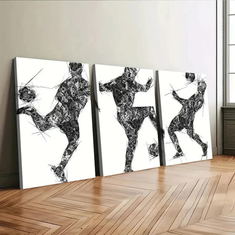 3pcs Football Black & White Men Black Lines Wall Art Set Canvas Framed 40x60cm - High Quality Print 100% Australian Made Wall Canvas Ready to Hang