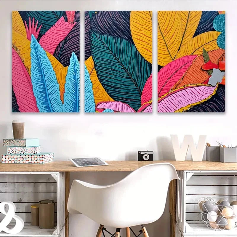 3pcs Colorful Tropical Leaves Wall Art Set Canvas Framed 60x90cm - High Quality Print 100% Australian Made Wall Canvas Ready to Hang