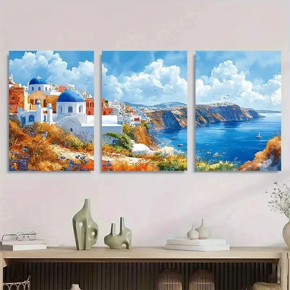 3pcs Blue Roofs Of Santorini Watercolor Perfect Wall Art Set Canvas Framed 40x60cm - High Quality Print 100% Australian Made Wall Canvas Ready to Hang