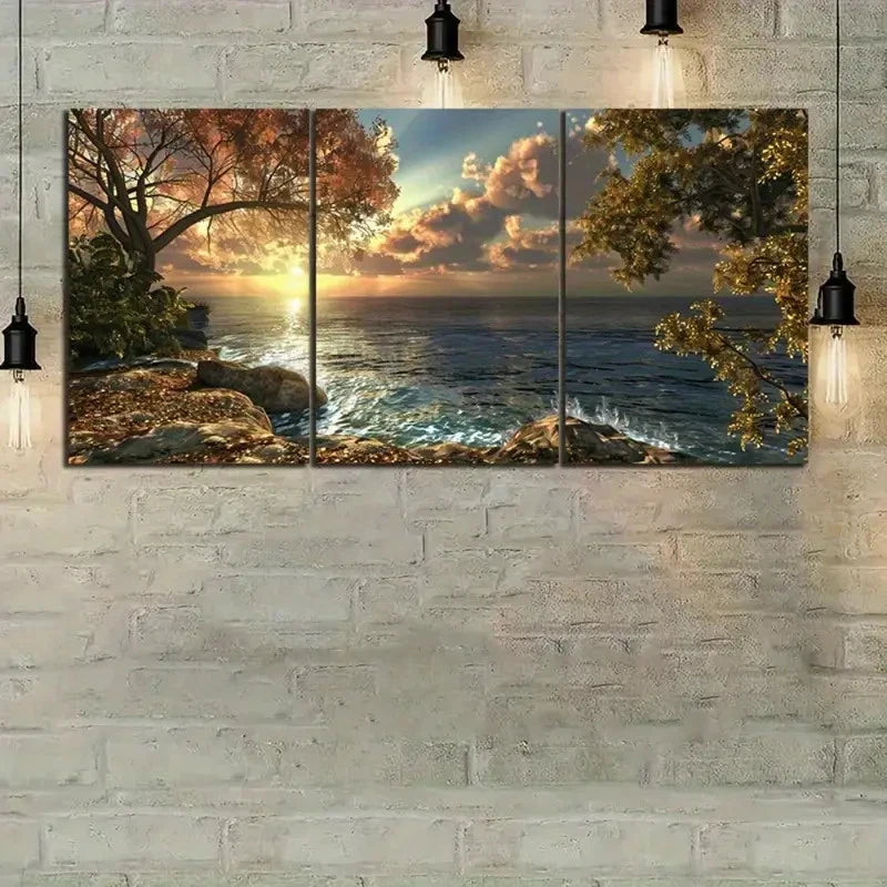 3pcs The Sun Setting Over An Ocean Design Metal Print Ready to Hang Art