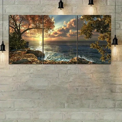 3pcs The Sun Setting Over An Ocean Design Metal Print Ready to Hang Art