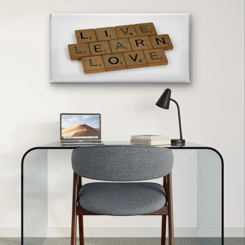 Live, Learn, Love Scrabble Tile Wall Art Canvas Office Home Framed 120x60cm