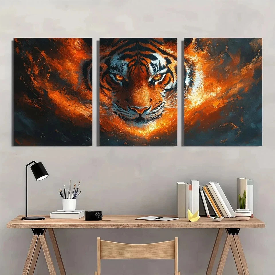 3pcs Glowing Tiger Vibrant Orange & Black Metal Print Ready to Hang Art