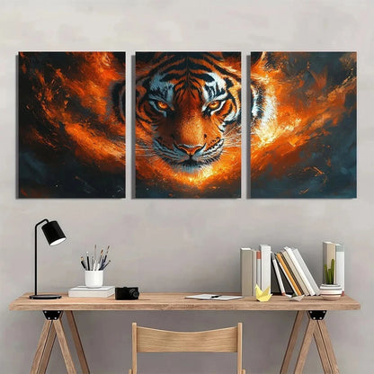 3pcs Glowing Tiger Vibrant Orange & Black Metal Print Ready to Hang Art