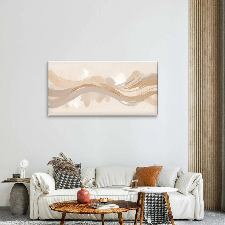 Neutral Beige Brush Stroke Waves Wall Art Canvas Office Home Framed 120x60cm