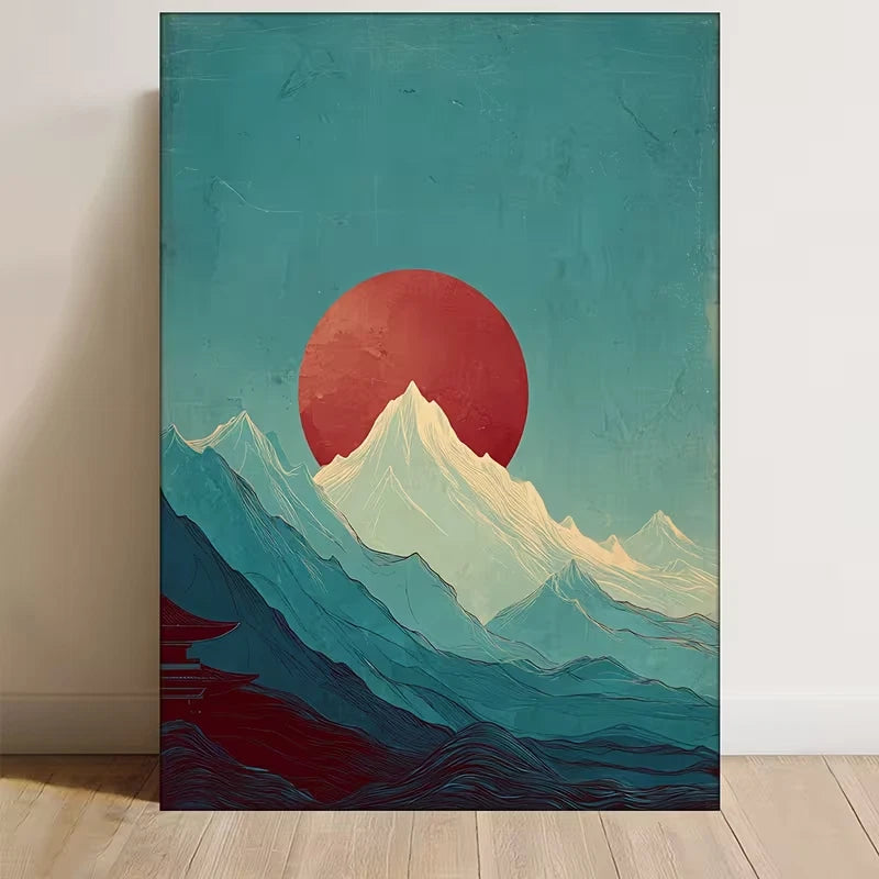 Blue & Red Sun/Moon Mountain Landscape 60x90cm Metal Print Ready to Hang