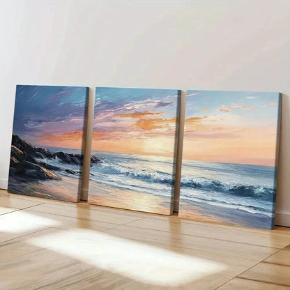 3pcs Sunset Ocean Rocks Sky Nature Wall Art Set Canvas Framed 40x60cm - High Quality Print 100% Australian Made Wall Canvas Ready to Hang