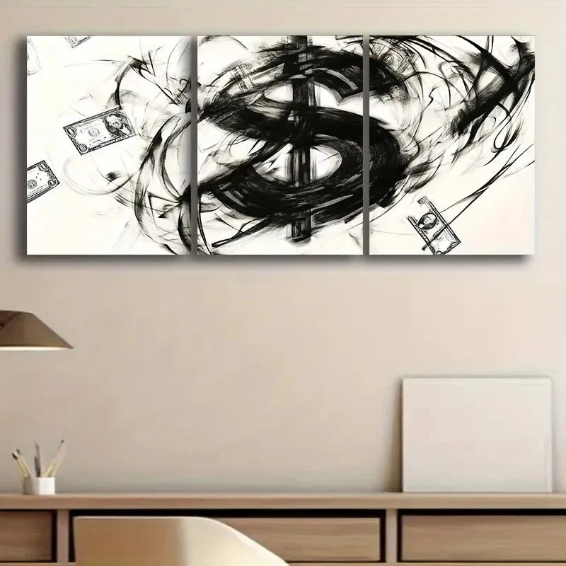3pcs Modern Abstract Dollar Symbol and Money Metal Print Ready to Hang Art