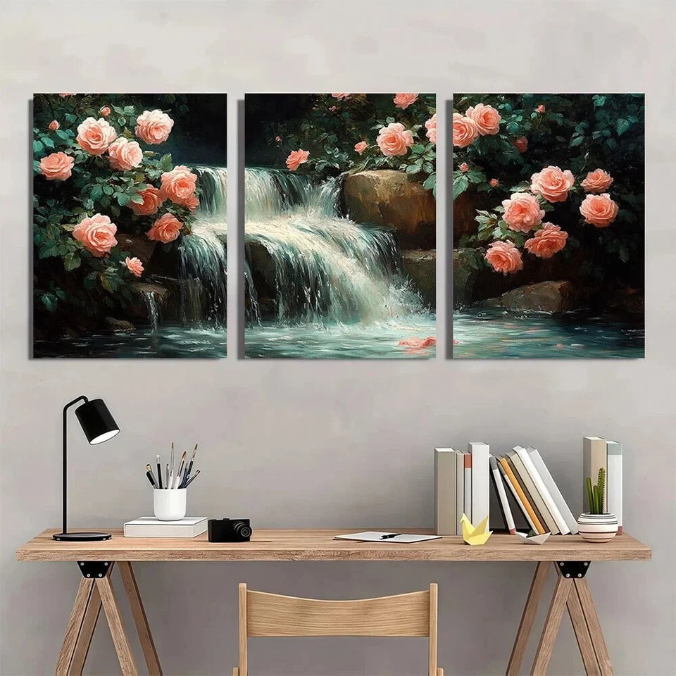 3pcs Serene Waterfall & Pink Roses Metal Print Ready to Hang Art