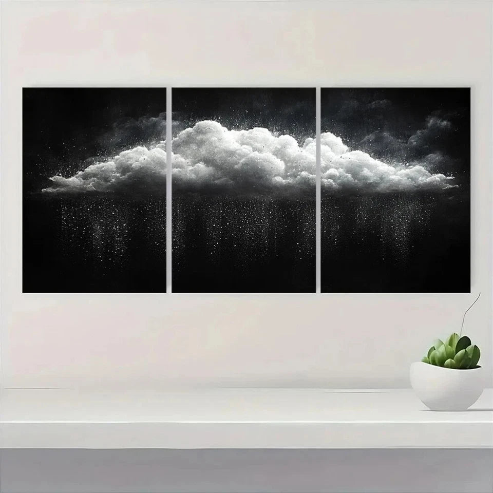 3pcs Modern Black and White Cloud Serene Rainy Metal Print Ready to Hang Art