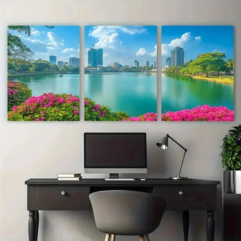 3pcs Pink Flowers Lush Greenery Colombo Perfect Wall Art Canvas Framed 60x90cm