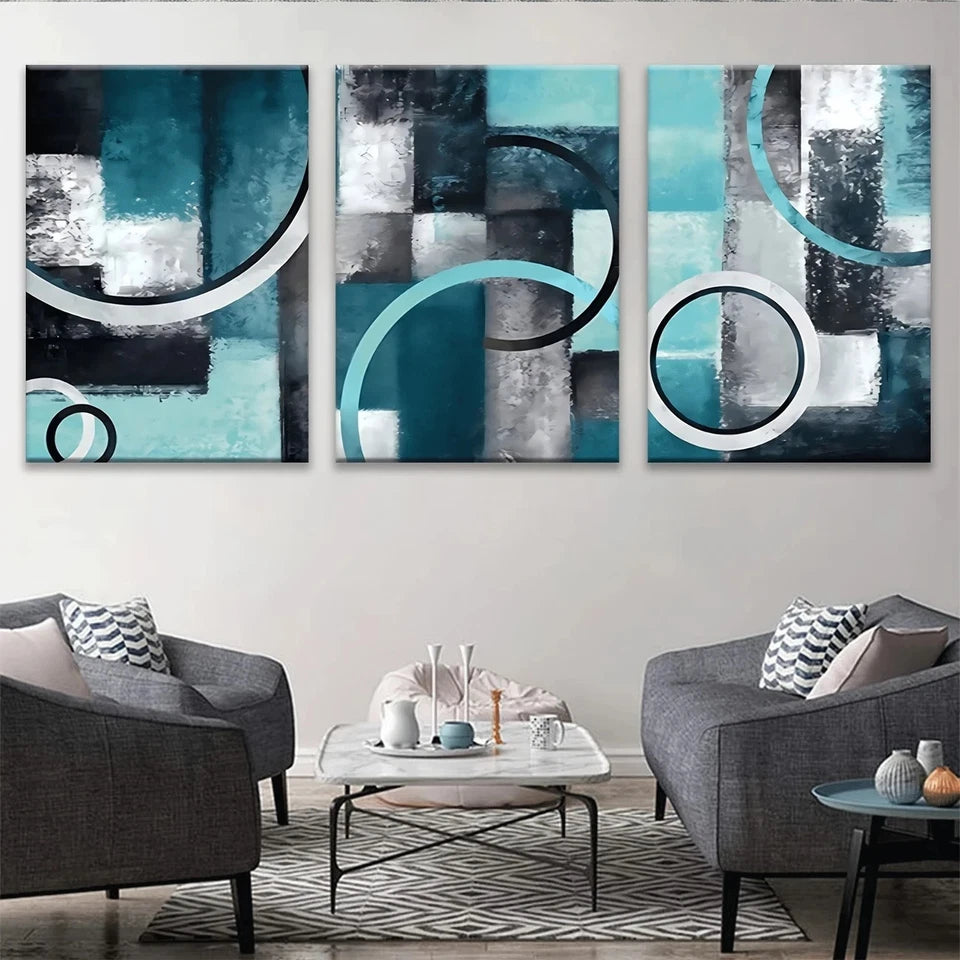 3pcs Abstract Geometric Green Blue Metal Print Ready to Hang Art