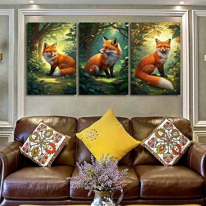 3pcs Vibrant Forest Scene with Foxes Metal Print Ready to Hang Art