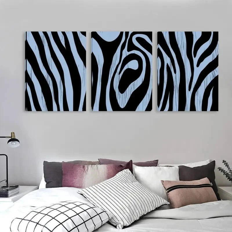 3pcs Black & White Abstract Zebra Stripe   Wall Art Set Canvas Framed 60x90cm - High Quality Print 100% Australian Made Wall Canvas Ready to Hang